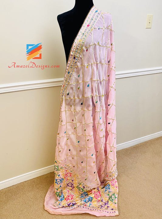 Light Pink Fulkari Aarri Work all over with Samosa Lace