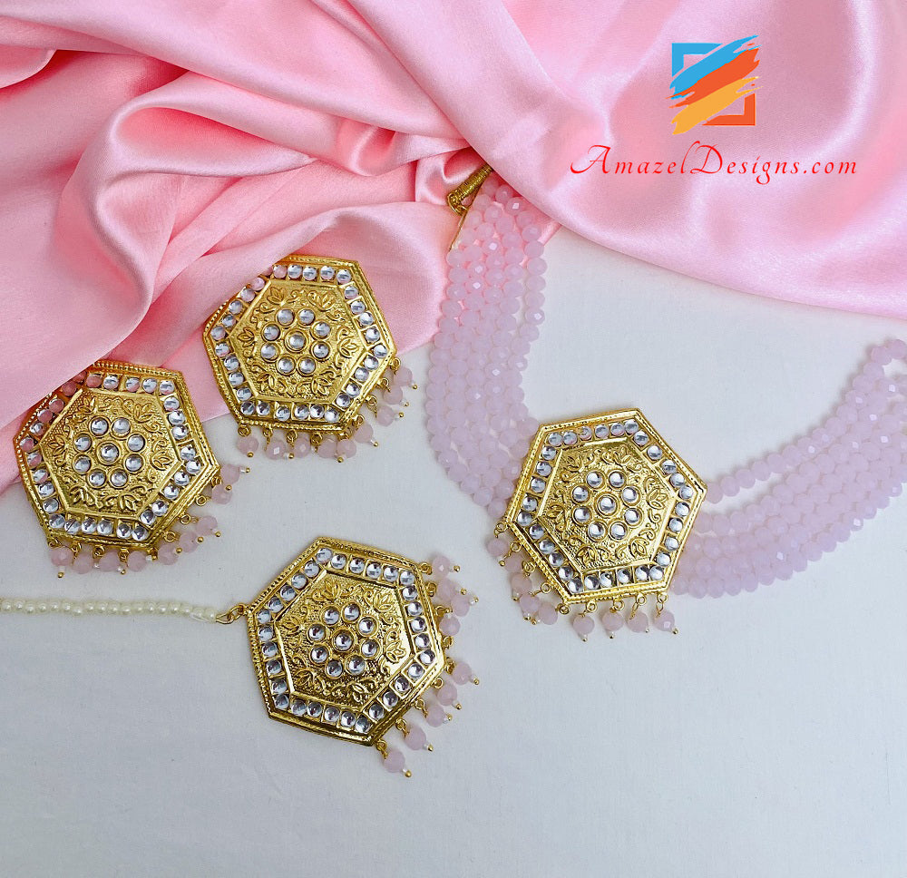 Light Pink Kundan Lightweight Choker Necklace Studs Tikka Set