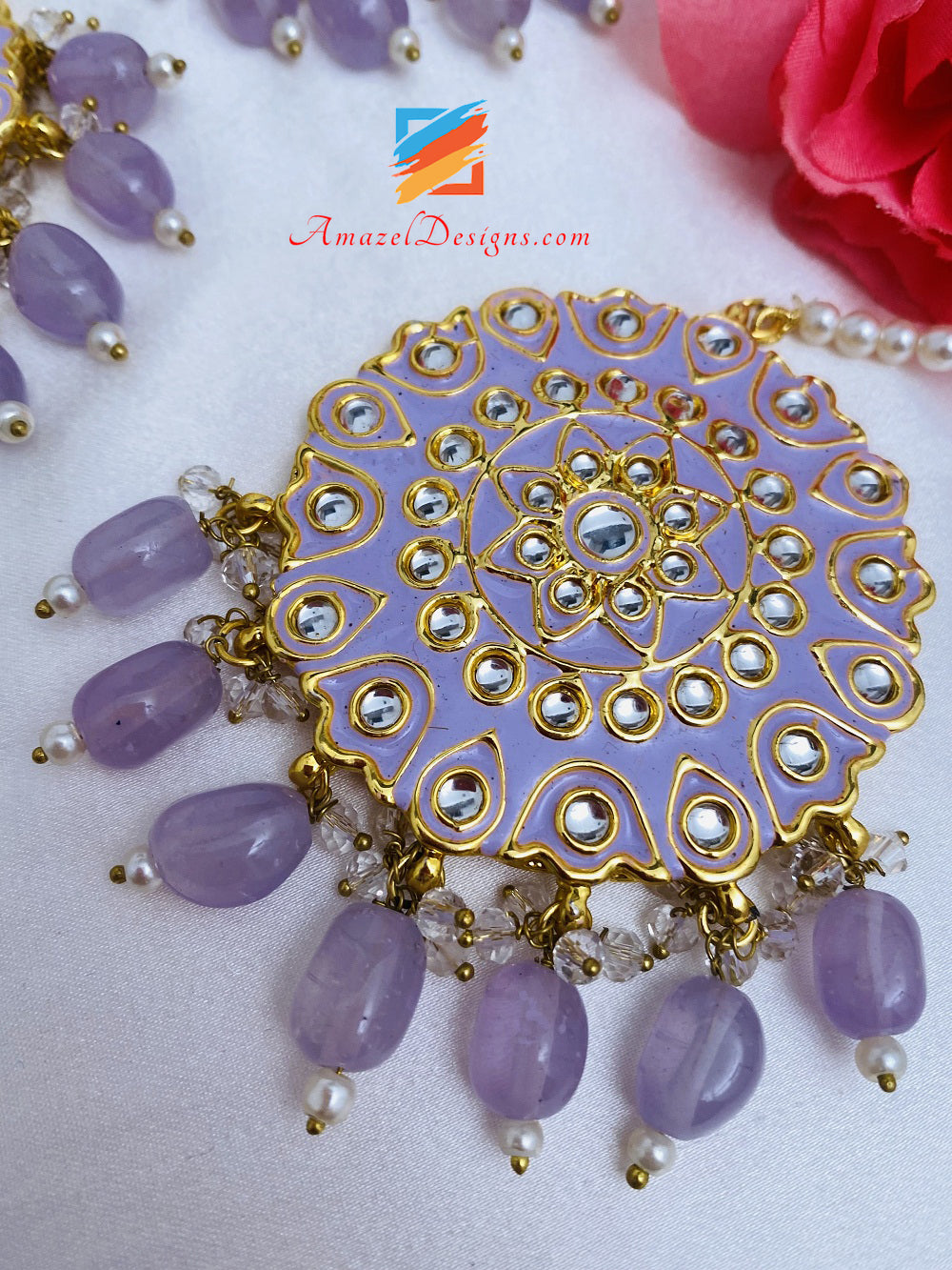 Light Purple Lavender Mauve Kundan Earrings Tikka Set – Amazel Designs