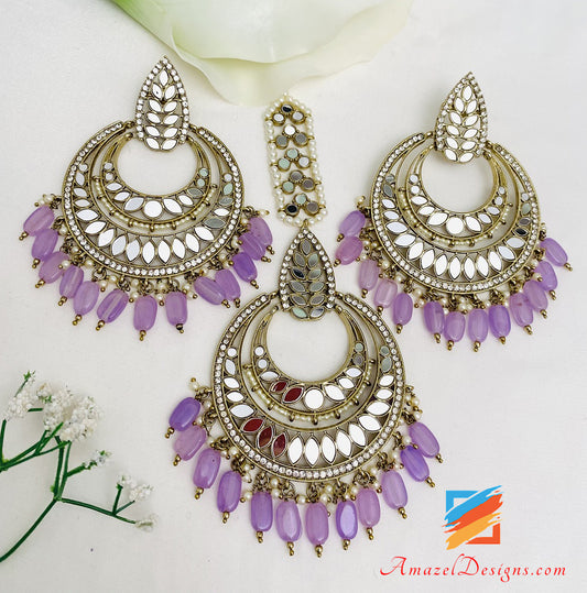 Light Purple Lavender Mirror Oversized Earrings Tikka Set