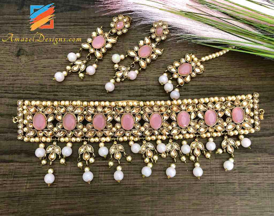 Light Weight Champagne Pink Choker with Earrings Tikka Set