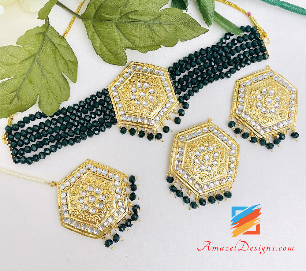 Lightweight Dark Green Kundan Choker Necklace Studs Earrings Tikka Set