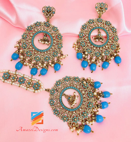 Lightweight Feerozi Pearl Jadau Polki Earrings Tikka Set