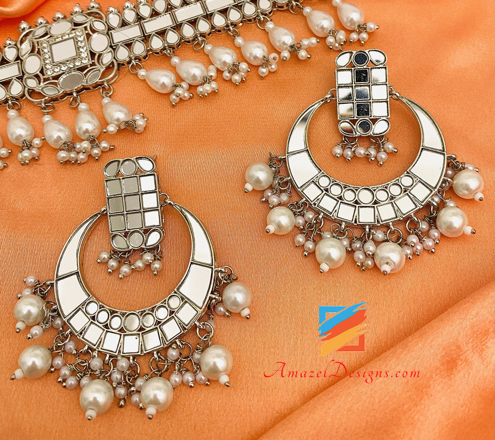 Set Tikka di orecchini girocollo in argento flessibile leggero a specchio 