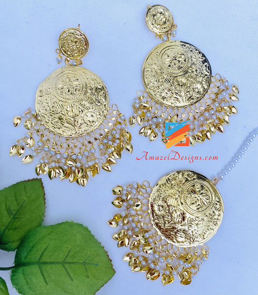 Lightweight Golden Traditional Pippal Patti Earrings Tikka Set