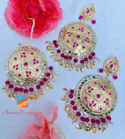 Lightweight Sheesha Hot Pink Magenta Pippal Patti Oversized Earrings Tikka Set.