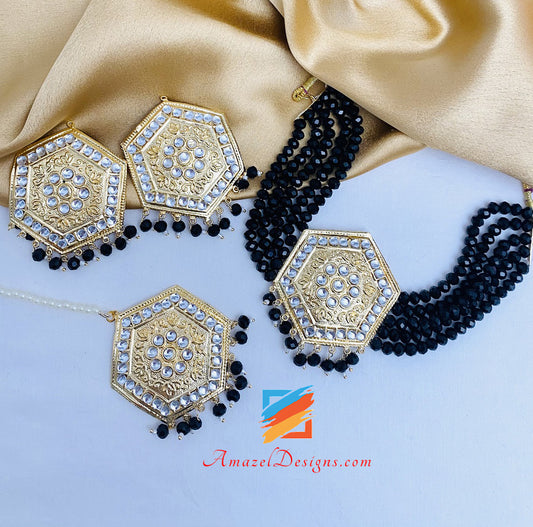 Leggero Kundan Black Choker Collana Orecchini Tikka Set 