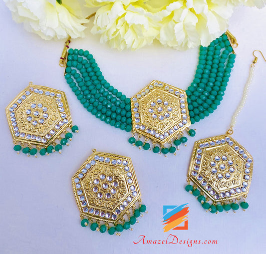 Lightweight Kundan Green Choker Necklace Studs Earrings Tikka Set