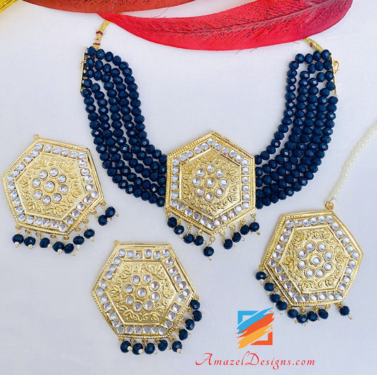 Lightweight Navy Blue Kundan Choker Necklace Studs Earrings Tikka Set