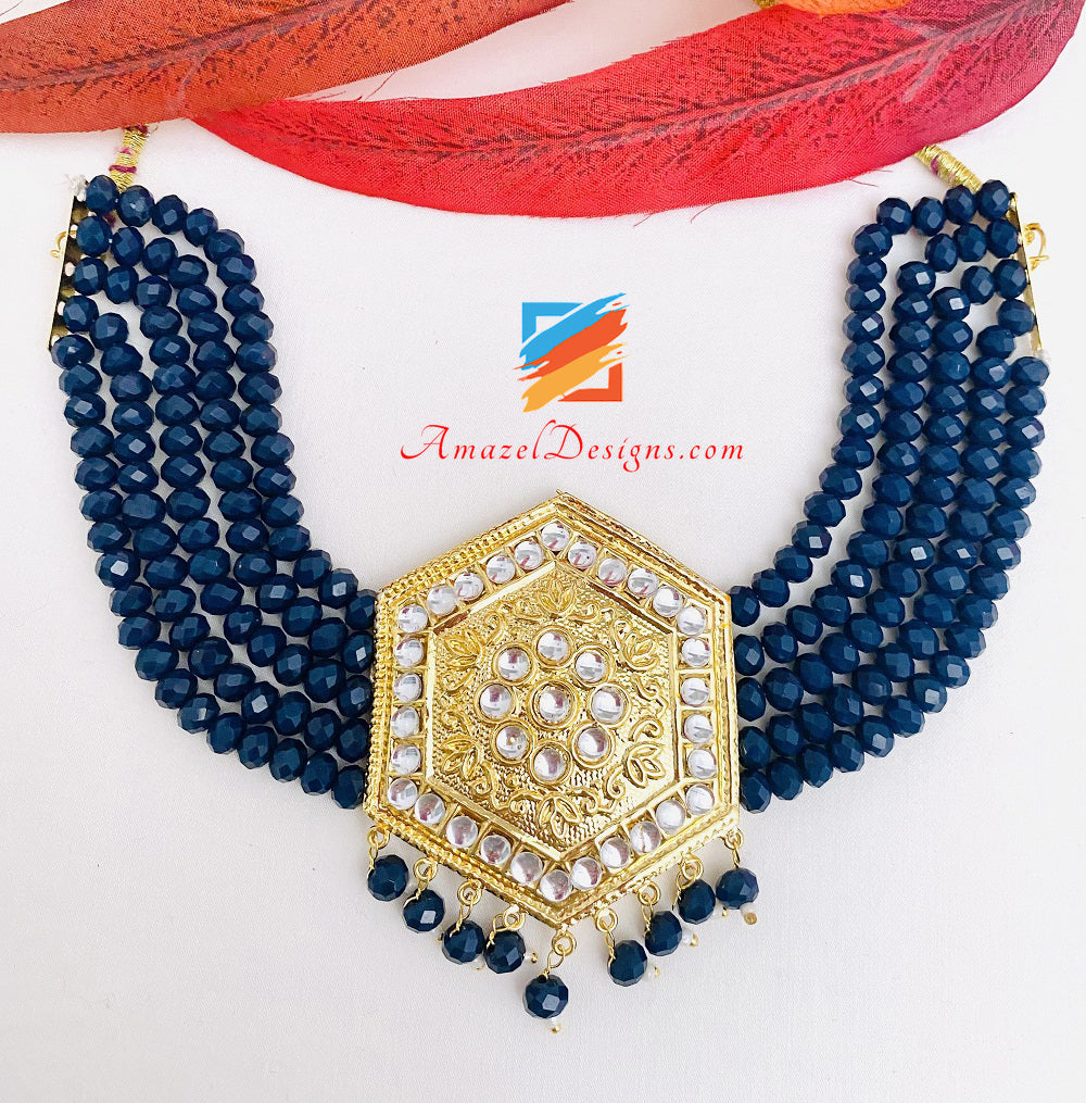 Lightweight Navy Blue Kundan Choker Necklace Studs Earrings Tikka Set
