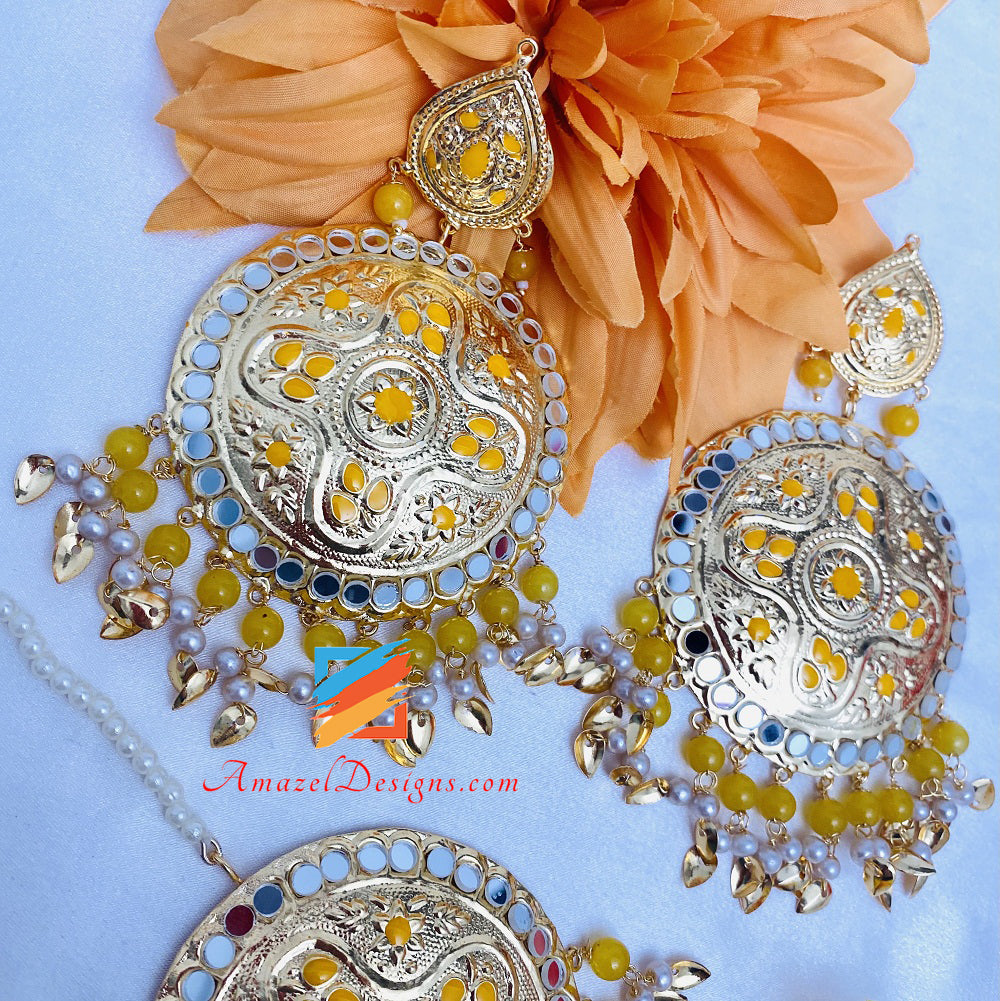 Specchio leggero arancio giallo Pippal Patti orecchini oversize Tikka Set 