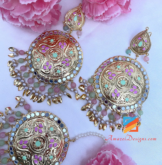 Lightweight Pink Mint Pippal Patti Mirror Oversized Earrings Tikka Set