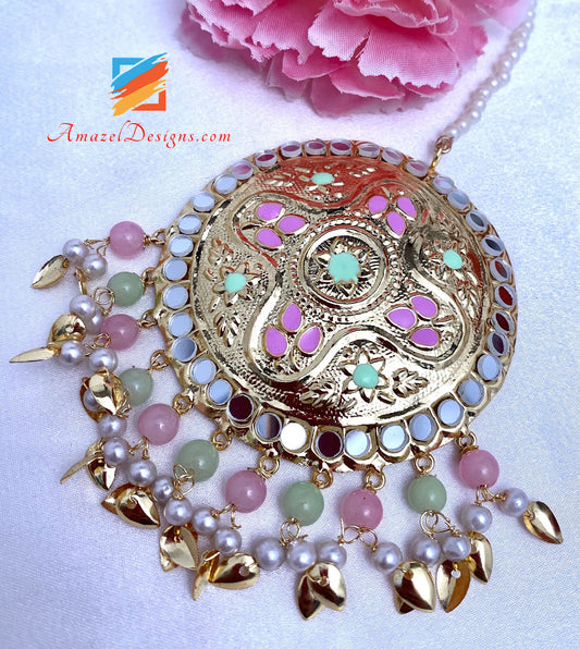 Lightweight Pink Mint Pippal Patti Mirror Oversized Earrings Tikka Set