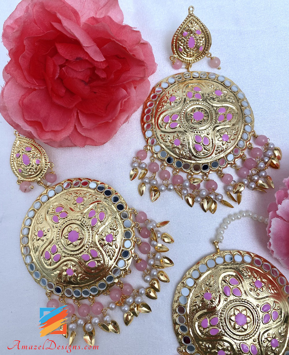 Lightweight Sheesha Pink Pippal Patti Oversized Earrings Tikka Set