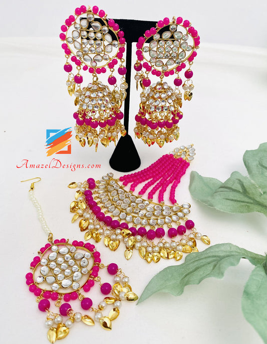 Buy Multicolor Pearl Pipal Patti Jadau Earring with Tikka Set by  FashionCrab Online In India At Discounted Prices