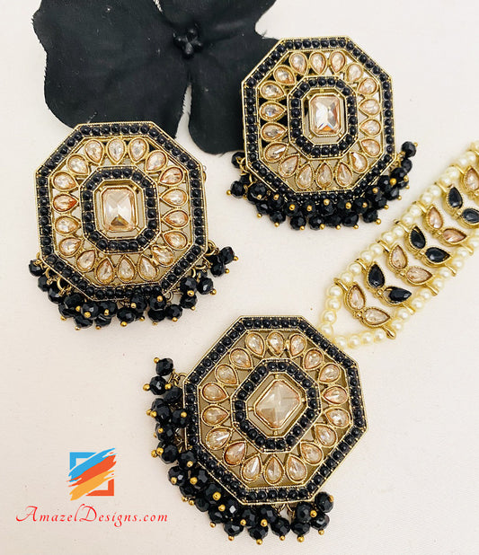 Lightweight Polki Black Studs Earrings Tikka Set