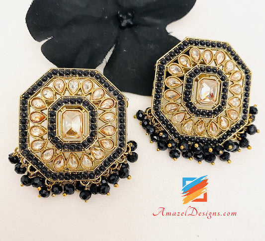 Lightweight Polki Black Studs Earrings Tikka Set