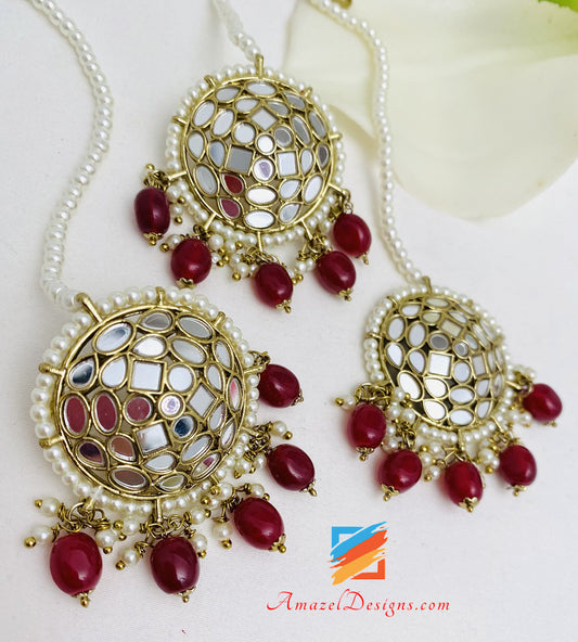 Lightweight Ruby Maroon Mirror Studs Earrings Tikka Set