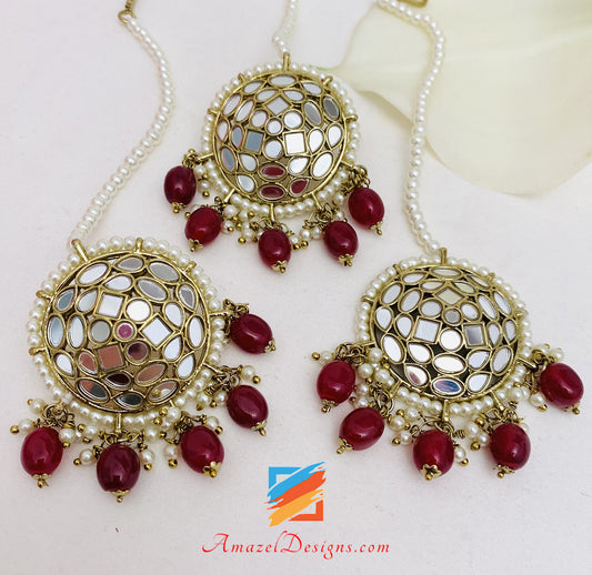 Lightweight Ruby Maroon Mirror Studs Earrings Tikka Set