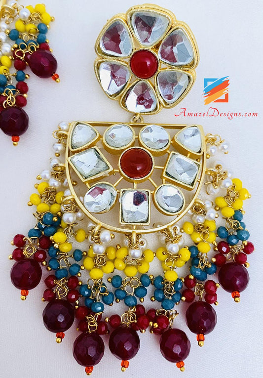 Lightweight Ruby (Maroon) Kundan Earrings Tikka Set
