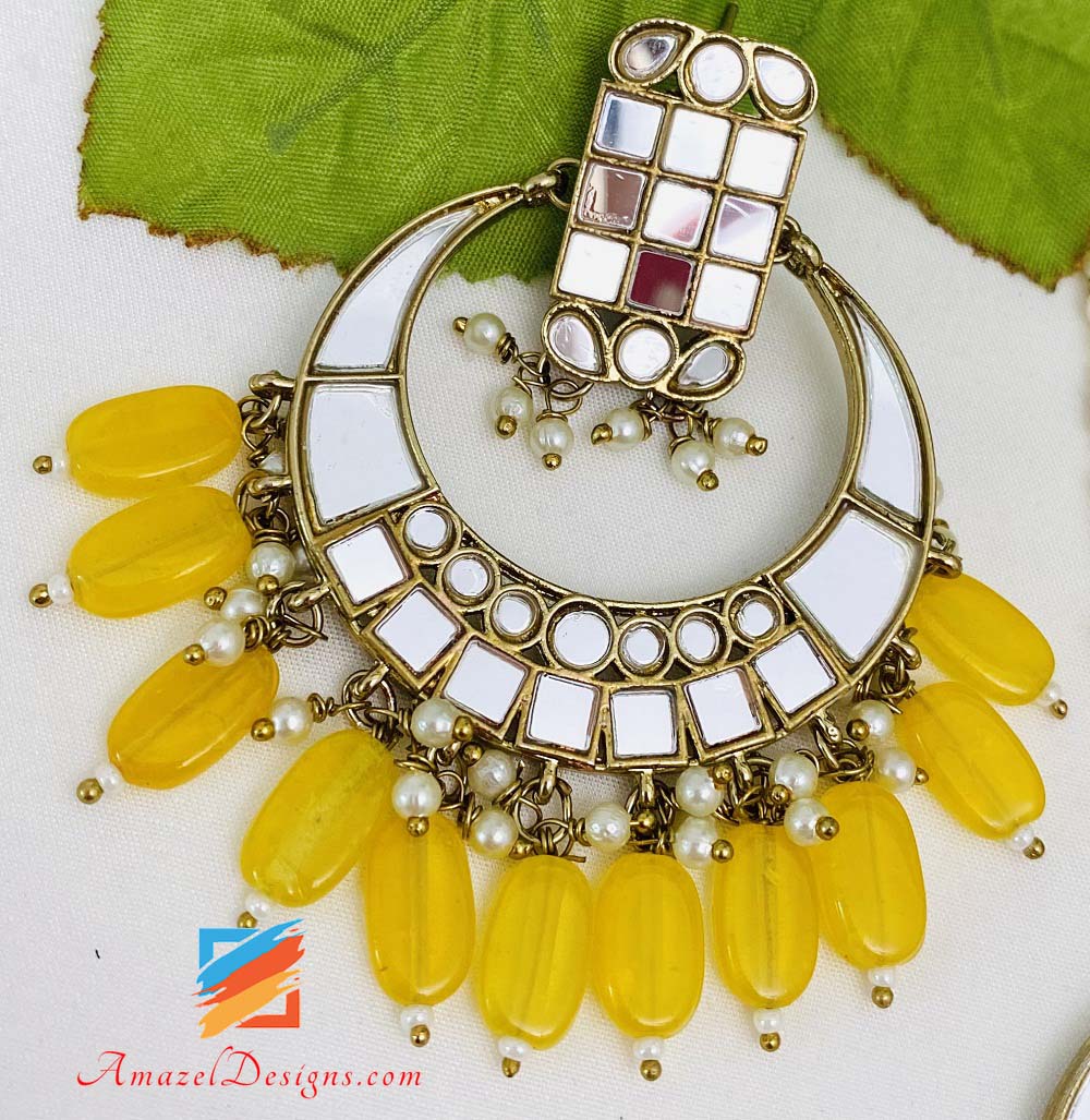Lightweight Sheesha Yellow Earrings Tikka Set