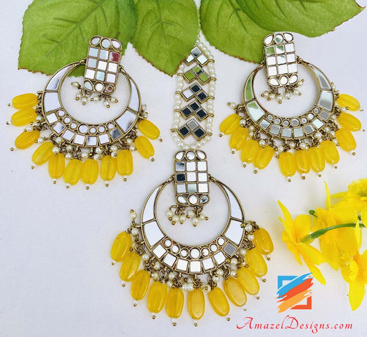 Lightweight Sheesha Yellow Earrings Tikka Set