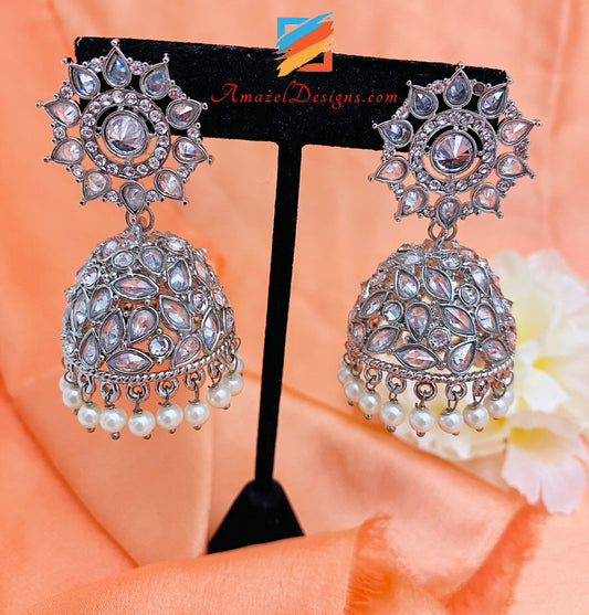 Lightweight Small Silver Polki Stones Jhumki Earrings