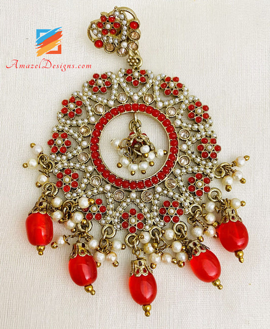Lightweight Full Of Beads Red Earrings Tikka Set