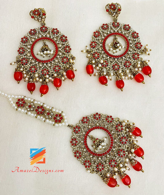 Lightweight Full Of Beads Red Earrings Tikka Set