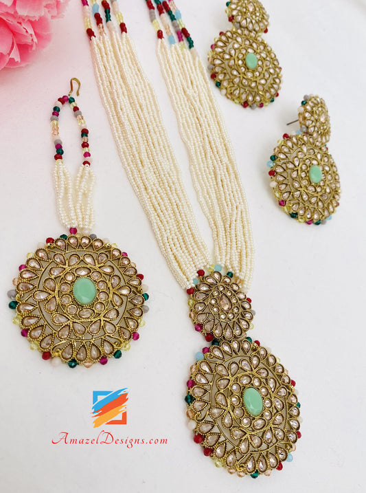 Long Mala Rani Haar Polki Multicoloured Earrings Tikka Set