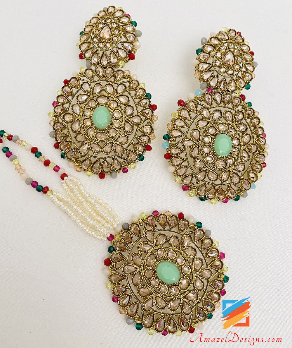 Long Mala Rani Haar Polki Multicoloured Earrings Tikka Set