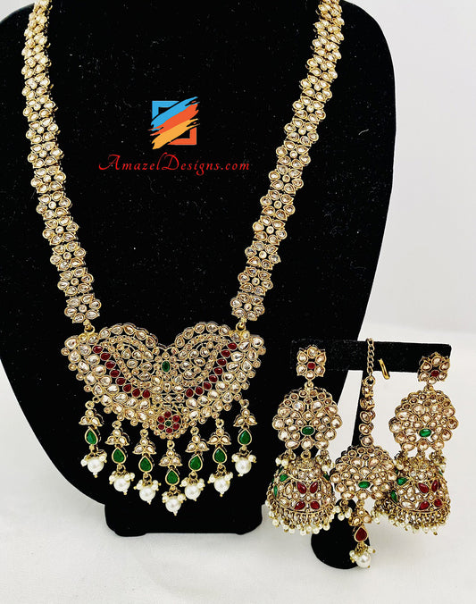Long Multicoloured Polki Haar With Jhumki Style Earrings And Tikka Set