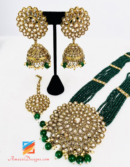 Langes Polki-Grün (Smaragd) Rani Haar Jhumki und Tikka-Set 