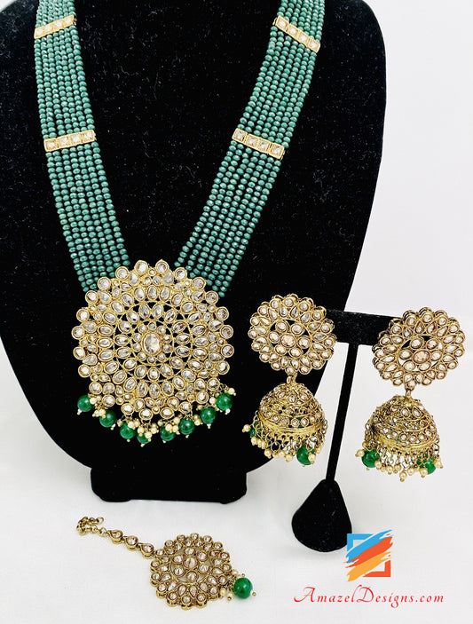 Set lungo Polki verde (smeraldo) Rani Haar Jhumki e Tikka 