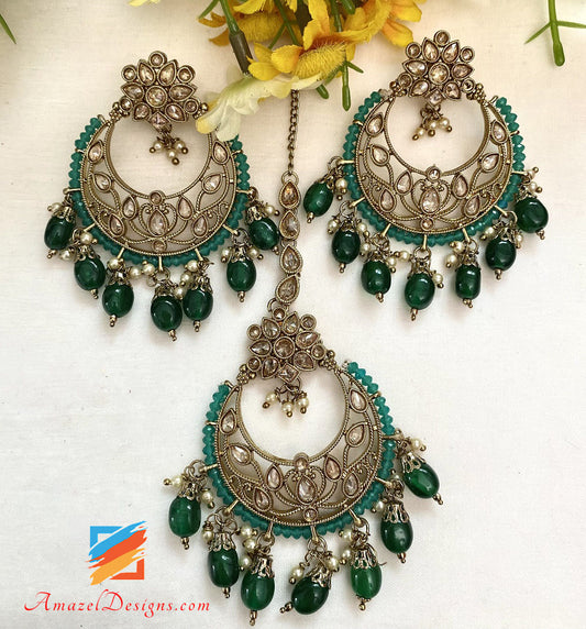 Lonk Polki Emerald Mala Earrings Tikka Set