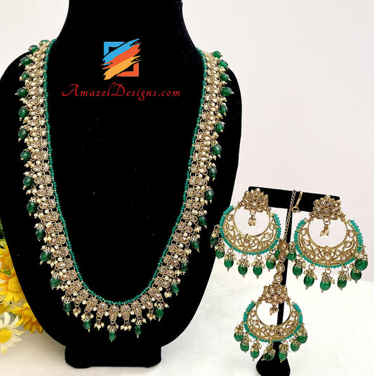 Lonk Polki Emerald Mala Earrings Tikka Set