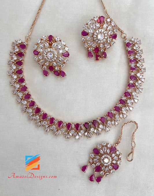 American Diamond (AD) Magenta Hot Pink Necklace Studs Tikka Set