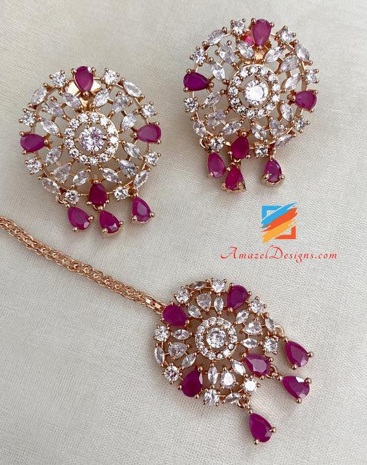 American Diamond (AD) Magenta Hot Pink Necklace Studs Tikka Set