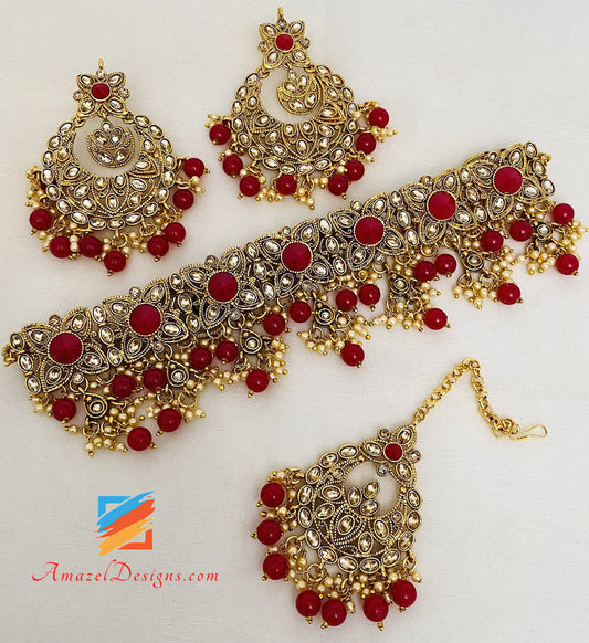 Magenta Hot Pink Goldene Choker Ohrringe Tikka Set