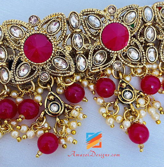 Magenta Hot Pink Goldene Choker Ohrringe Tikka Set