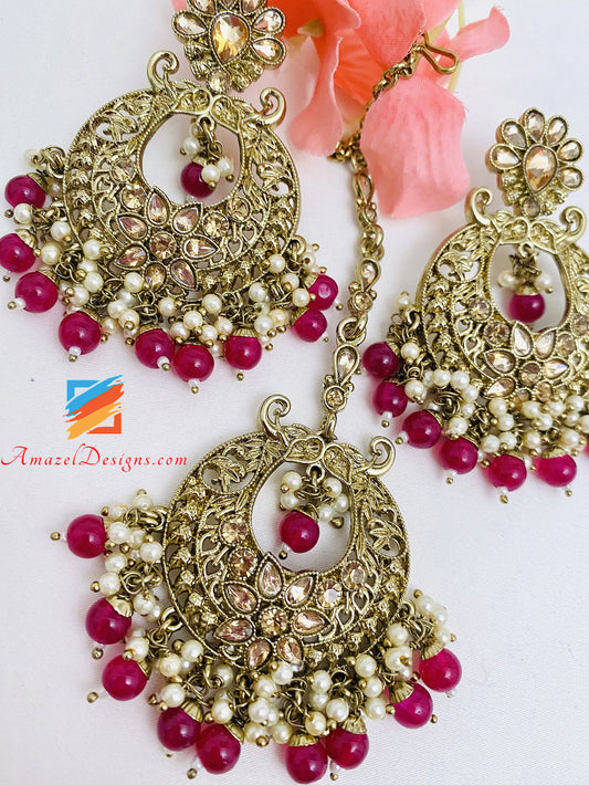 Magenta Hot Pink Champagner Ohrringe Tikka Set 
