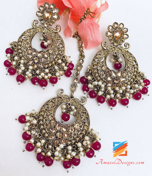 Magenta Hot Pink Champagner Ohrringe Tikka Set 