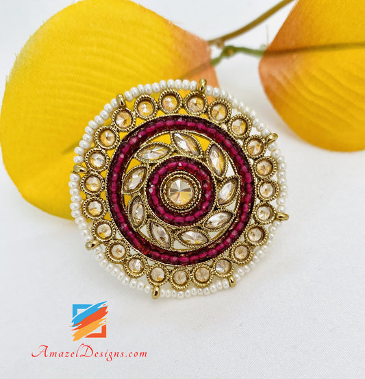 Magenta Hot Pink Polki Large Adjustable Ring