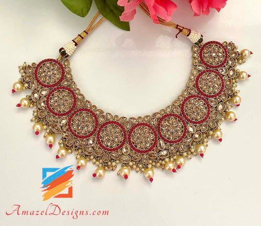 Magenta Polki White Beads Necklace and Jhumki Tikka Set