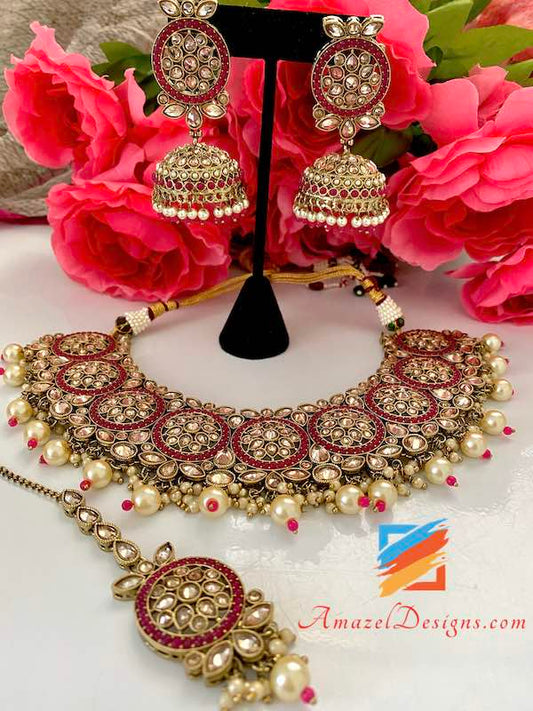 Magenta Polki White Beads Necklace and Jhumki Tikka Set