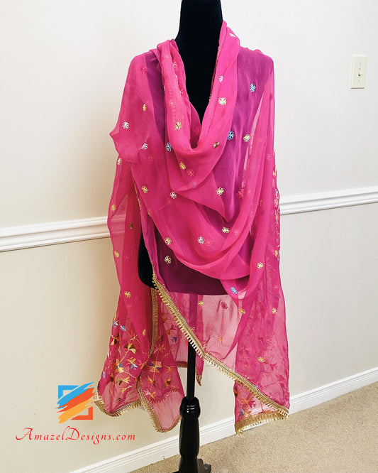 Magenta (Hot Pink) Phulkari With Traditional Gotta