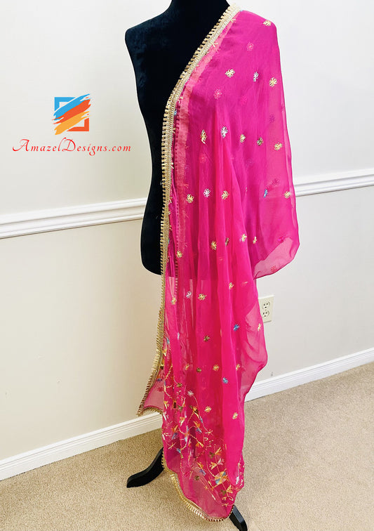 Magenta (Hot Pink) Phulkari With Traditional Gotta