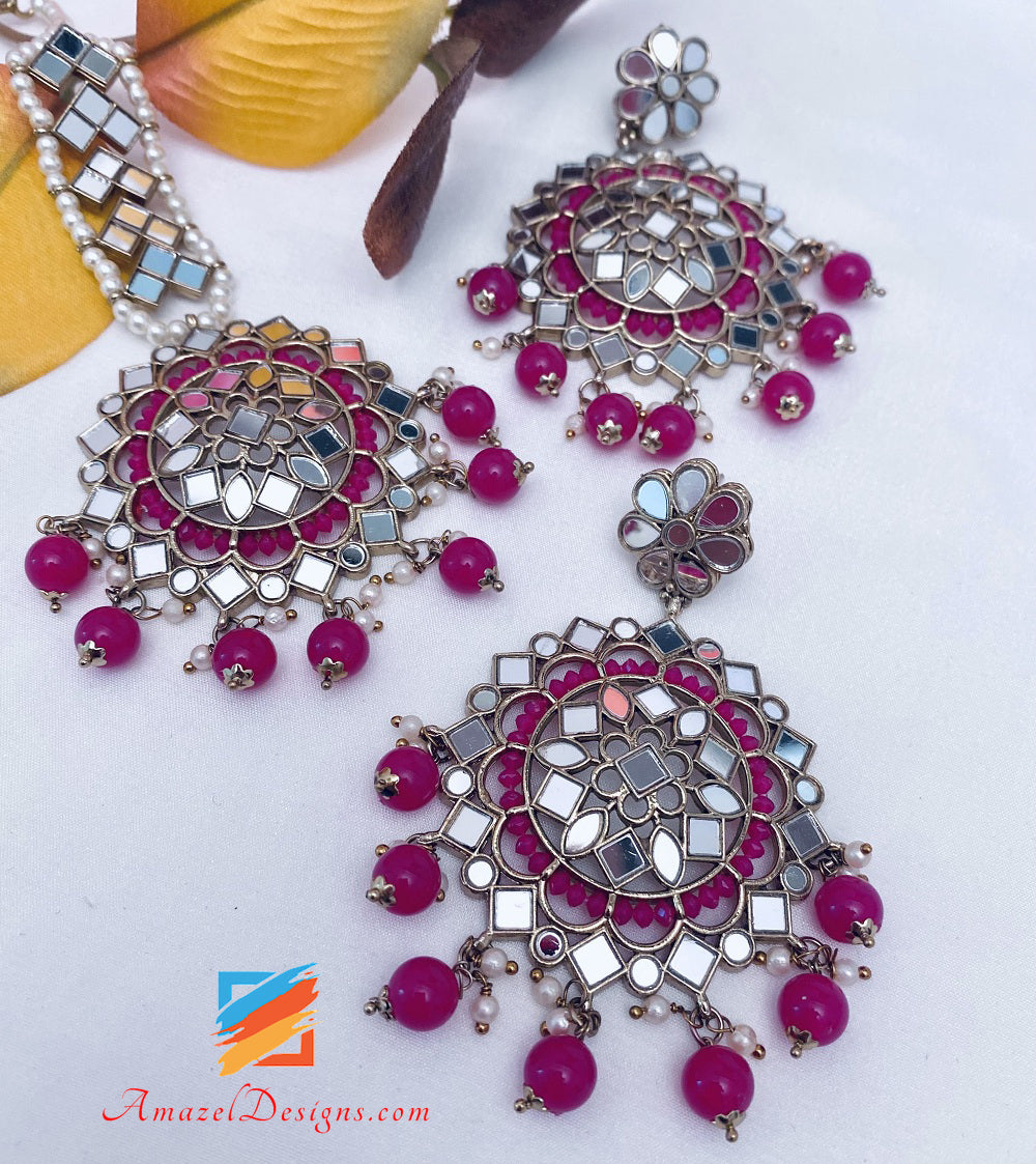 Magenta (Hot Pink) Sheesha Earrings Tikka Set