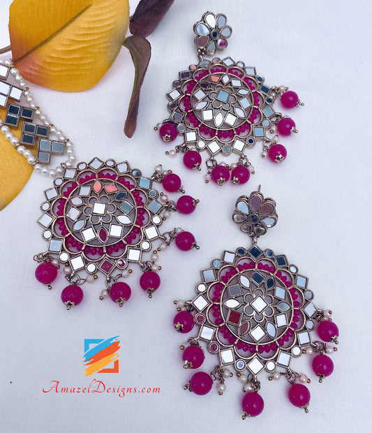 Magenta (Hot Pink) Sheesha Earrings Tikka Set