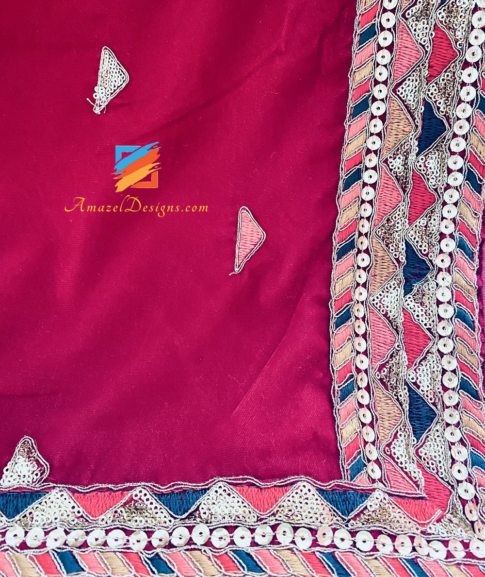 Magenta (Hot Pink) Tilla Silpi Multicolour Thread Work Velvet Shawl